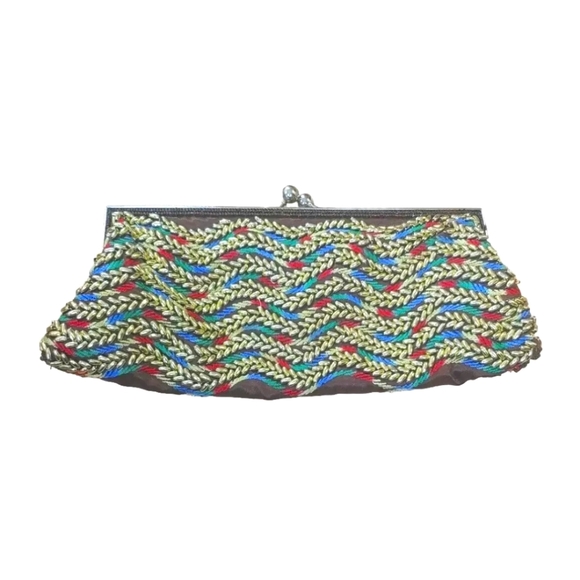 Cocktail Party Clutch Purse Beaded Rainbow Embroidered Silver Chain Strap Vtg